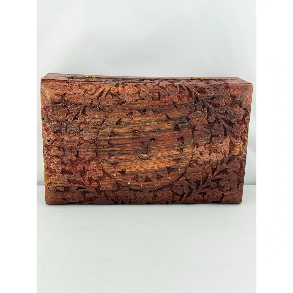 Vintage 1990's Wooden Jewelry Box Featuring A Sun & Floral Design.